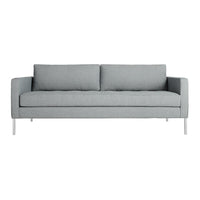 Light gray sofa with a minimalist design and two back cushions, featuring solid fabric and sleek silver legs.