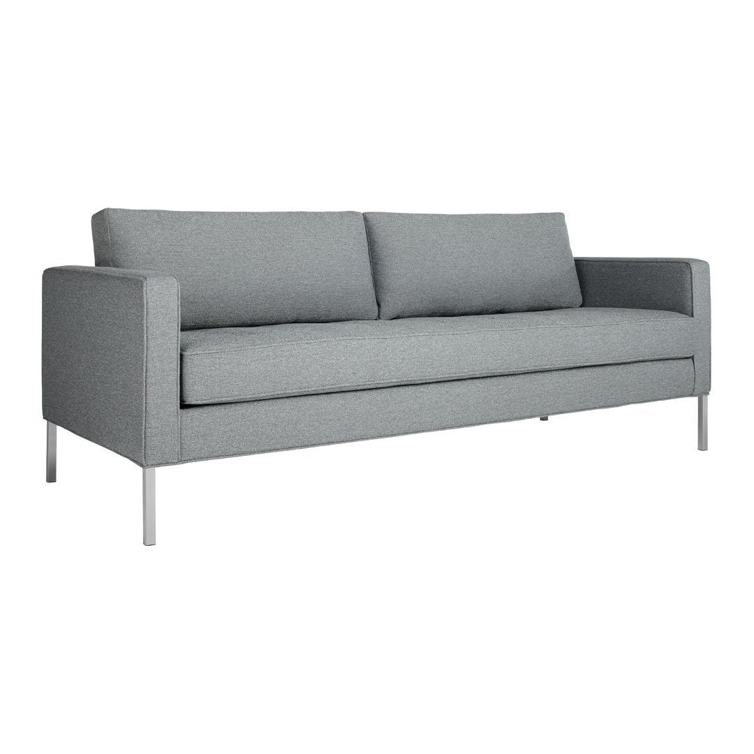 Gray modern couch with minimalist design and smooth texture, featuring sleek silver legs. Perfect for contemporary decor.