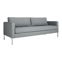 Gray modern couch with minimalist design and smooth texture, featuring sleek silver legs. Perfect for contemporary decor.