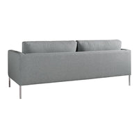 Gray upholstered sofa with clean lines and simple design, featuring a smooth, solid fabric finish.