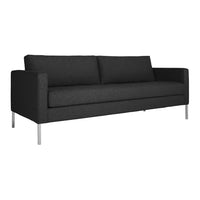 Stylish black sofa with a sleek, minimalist design and a textured fabric finish, perfect for modern interiors.