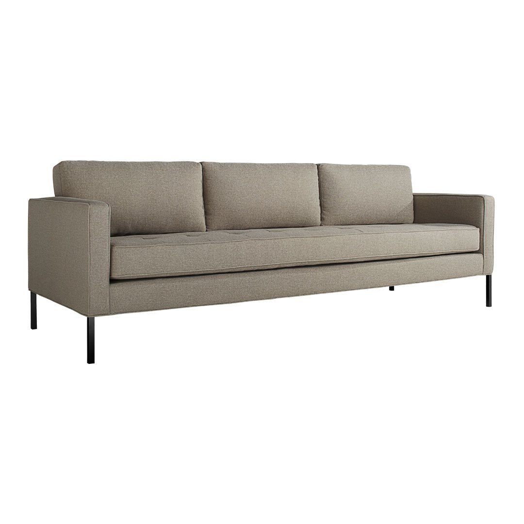 Light beige fabric sofa with a sleek, minimalistic design and dark metal legs. Classic, neutral tones for versatile decor.