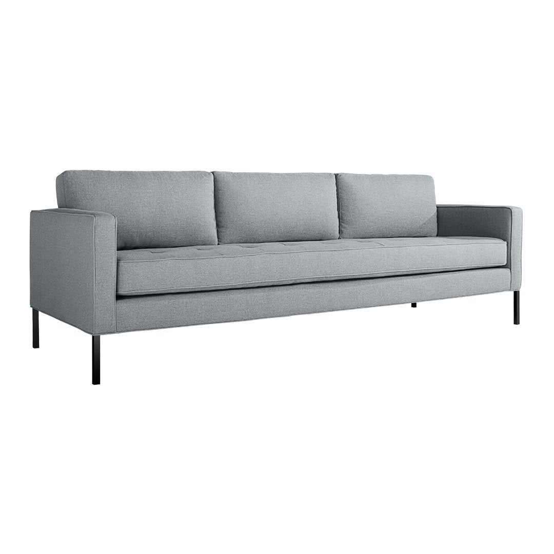 Light grey fabric sofa with clean lines and minimalist design, featuring solid black metal legs. Perfect for modern decor.