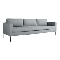 Light grey fabric sofa with clean lines and minimalist design, featuring solid black metal legs. Perfect for modern decor.