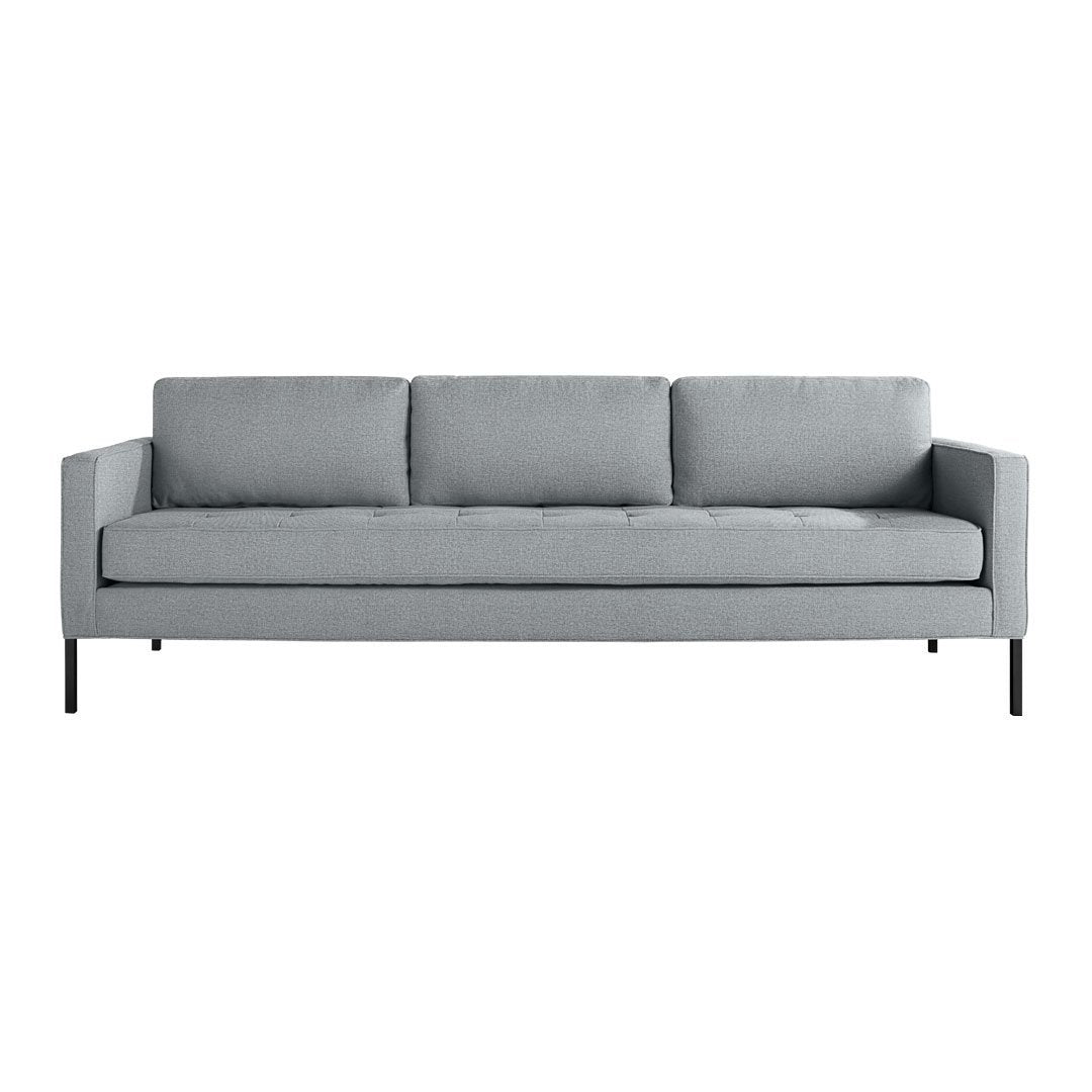 Light gray modern sofa with a sleek design and smooth fabric upholstery, featuring clean lines and minimalist style.