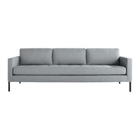 Light gray modern sofa with a sleek design and smooth fabric upholstery, featuring clean lines and minimalist style.