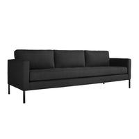 Sleek black sofa with clean lines and a smooth fabric finish, perfect for modern decor.