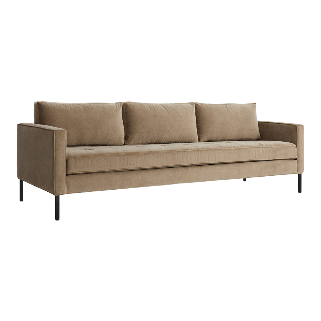 Beige sofa with smooth texture, featuring a minimalist design and three plush cushions, complemented by black legs.