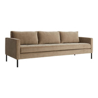 Beige sofa with smooth texture, featuring a minimalist design and three plush cushions, complemented by black legs.