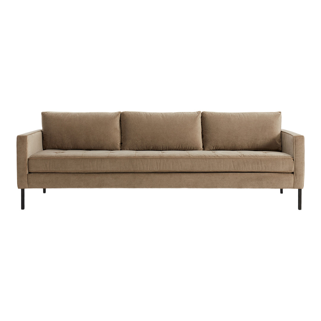 Beige, textured fabric sofa with three cushions and sleek black metal legs. Minimalist design for modern interiors.