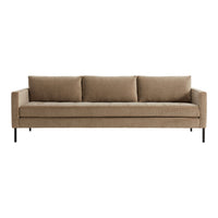 Beige, textured fabric sofa with three cushions and sleek black metal legs. Minimalist design for modern interiors.