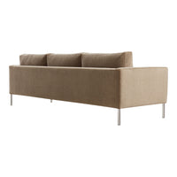 Tan, textured fabric sofa with three plush cushions and sleek metal legs. Modern minimalist design suitable for any decor.