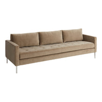 "Beige fabric sofa with tufted cushions and sleek metal legs, perfect for modern living spaces."