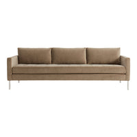 Stylish beige sofa with a smooth fabric texture and sleek modern design, featuring three plush cushions.