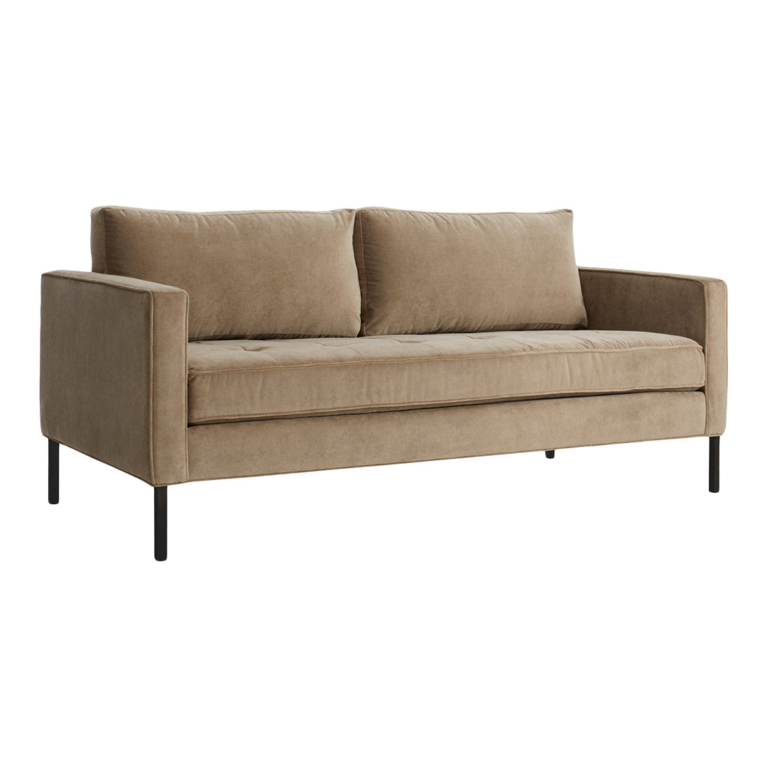 Tan velvet sofa with a sleek design and subtle texture, featuring two plush back cushions and black metal legs.