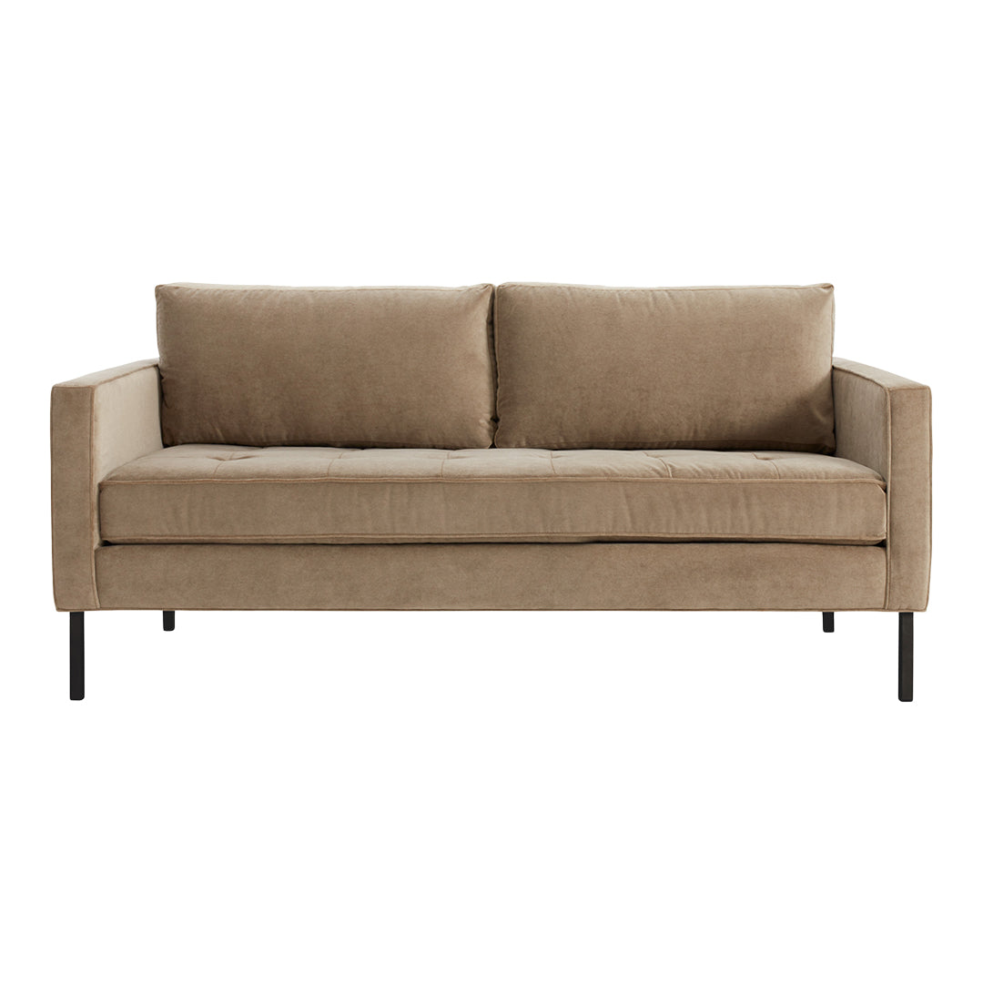 Tan upholstered sofa with a sleek, minimalist design and black metal legs. Perfect for modern living spaces.