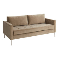 Beige upholstered sofa with a sleek, minimalist design and subtle tufted pattern, supported by silver metal legs.