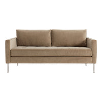 Beige upholstered sofa with clean lines and two plush cushions, set on sleek metal legs. Ideal for modern decor.