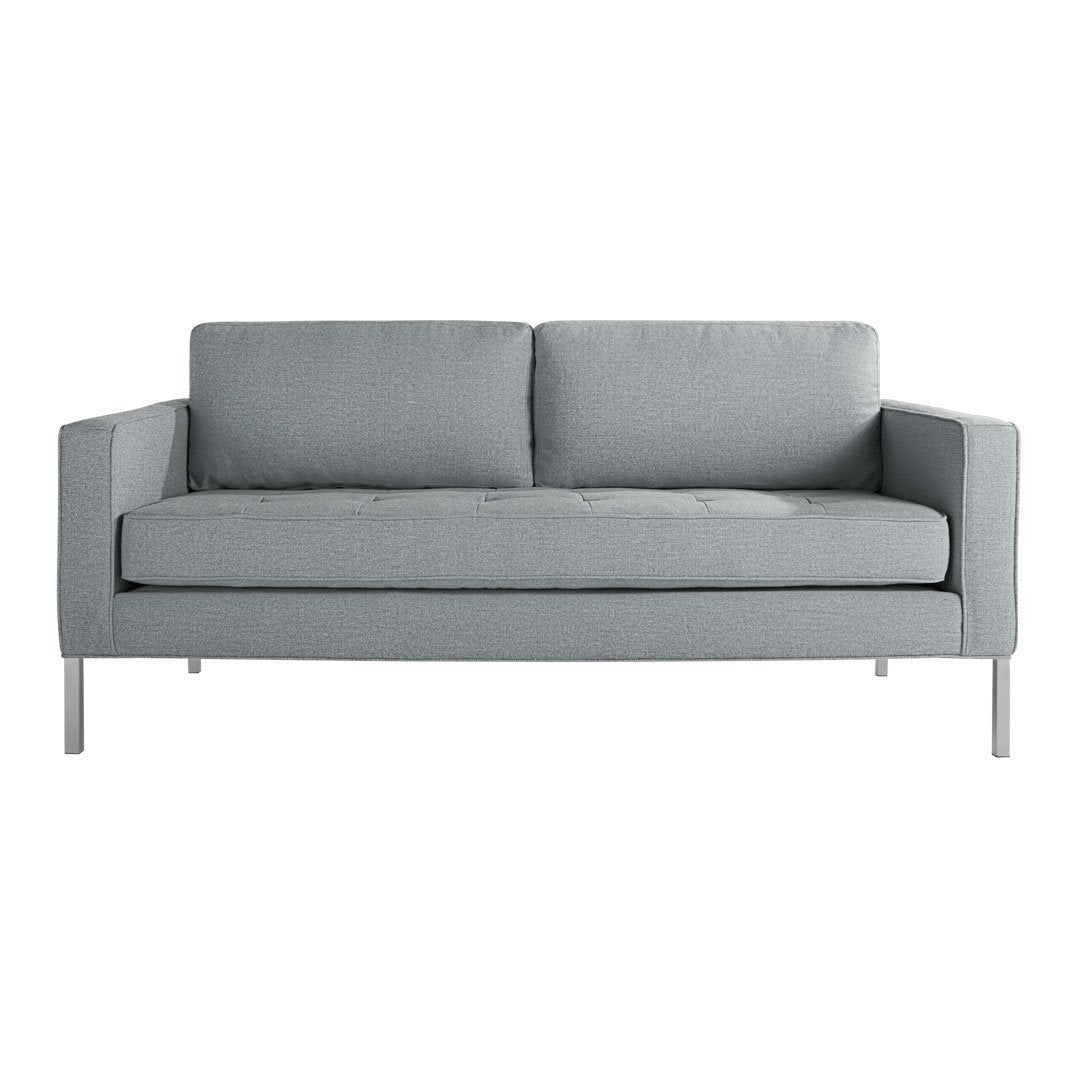 Gray upholstered sofa with clean lines and two plush cushions, featuring a modern, minimalist design.