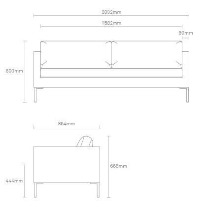 "Diagram of a modern sofa with clean lines, featuring a solid color design and minimalist style."