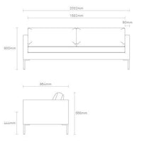 "Diagram of a modern sofa with clean lines, featuring a solid color design and minimalist style."