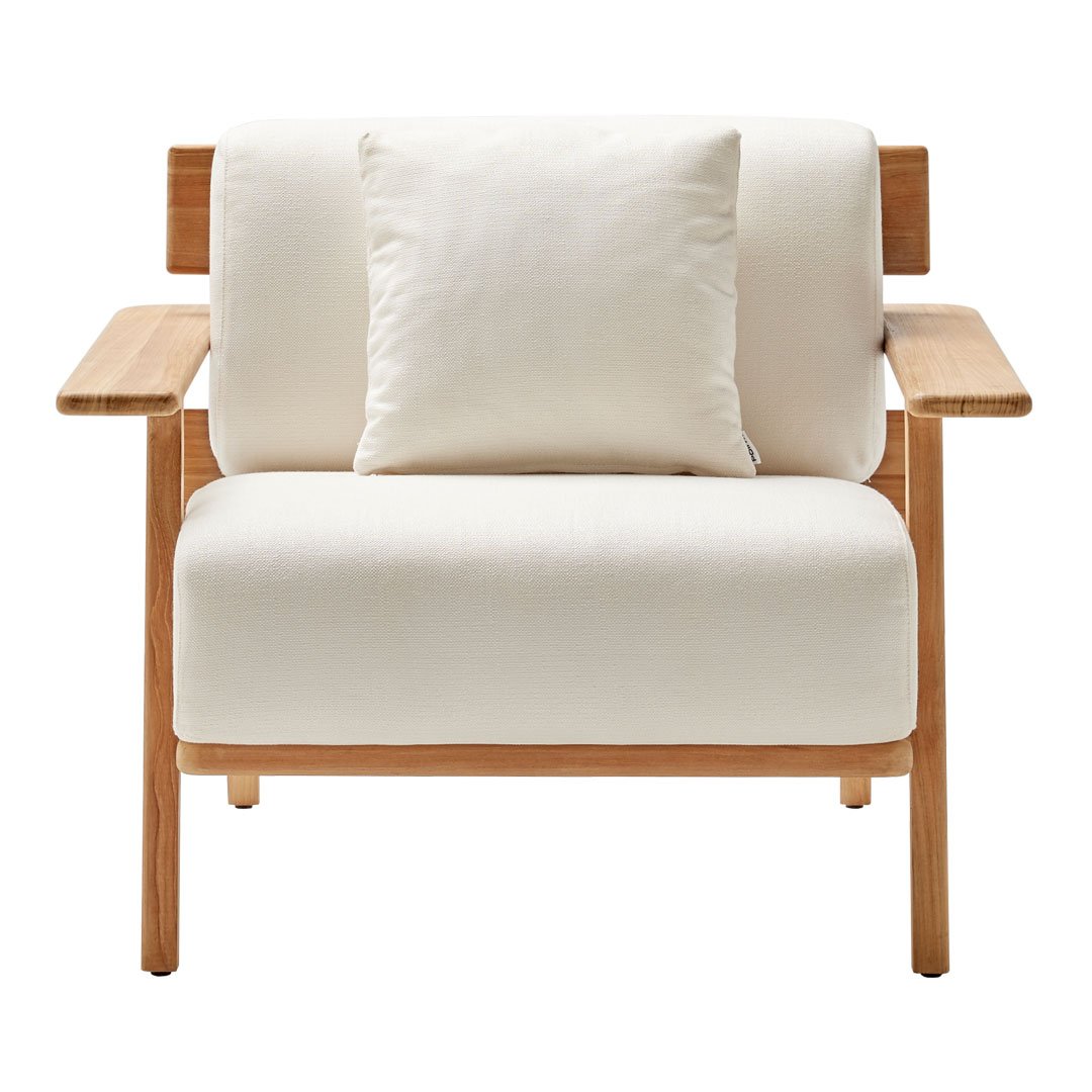 Cream upholstered chair with natural wood frame and a matching cushion, showcasing a minimalist and modern design.