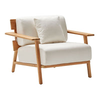 Cream-colored cushion chair with natural wood accents, featuring a minimalist design and no visible patterns.