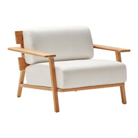 Cream-colored fabric armchair with natural wooden frame and minimalistic design. Perfect for modern decor.