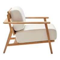 Modern cream armchair with natural wood frame, featuring clean lines and minimalistic design. Perfect for any decor.