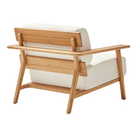 Natural wood frame with a light beige cushion, featuring a minimalist design and clean lines.