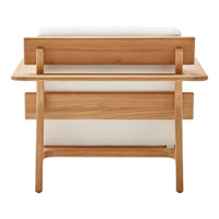 Light beige cushion with natural wood frame, featuring a minimalist design and no visible patterns.