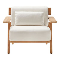 Beige fabric armchair with natural wood frame and a matching cushion, offering a minimalist and neutral design.