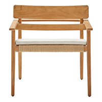 Light wood chair with a natural finish and a cream woven seat cushion. Simple, modern design.