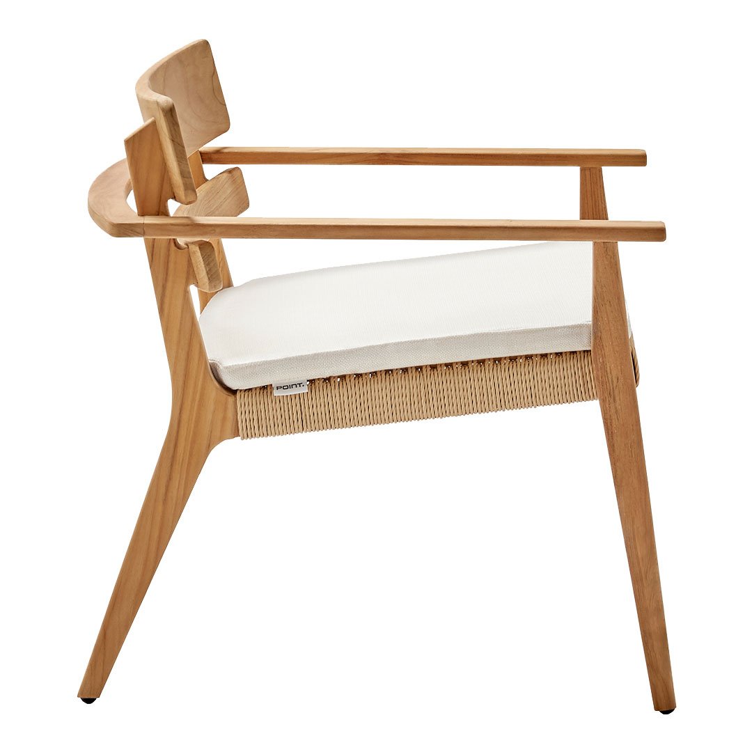 Light oak wooden chair with a white cushion and woven cane detailing, featuring clean lines and modern design.
