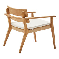 Natural wood finish with a woven pattern and a white cushion. Elegant and minimalist design for modern interiors.