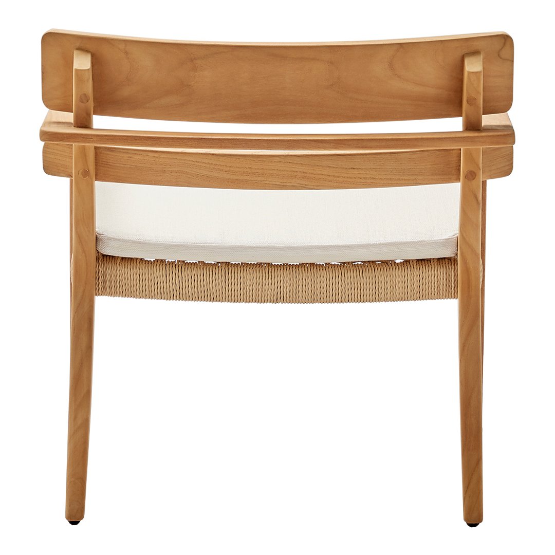 Natural wood finish with a light beige cushion and woven accents, creating a warm and inviting look.