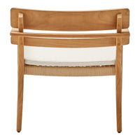 Natural wood finish with a light beige cushion and woven accents, creating a warm and inviting look.