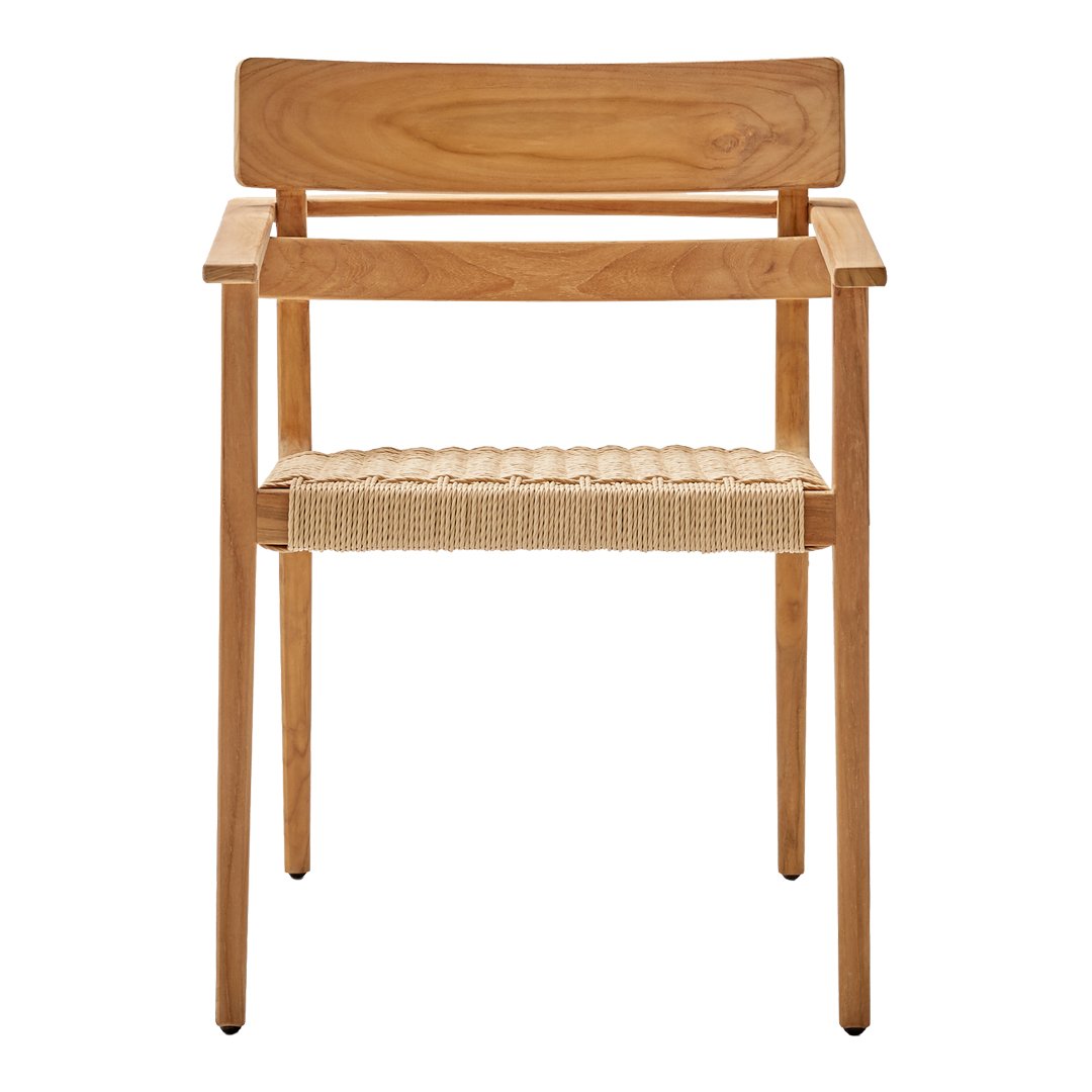 Light wood dining chair with a natural woven seat and a minimalistic design. Perfect for modern decor.
