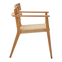 Light wood chair with natural woven seat and minimalist design, featuring a smooth finish and clean lines.