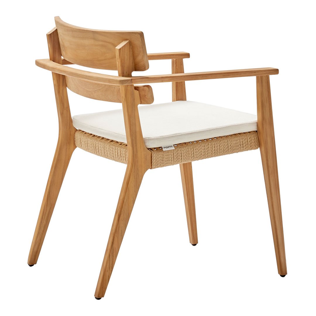Natural wood chair with light beige cushion and woven seat, featuring a sleek, modern design and clean lines.