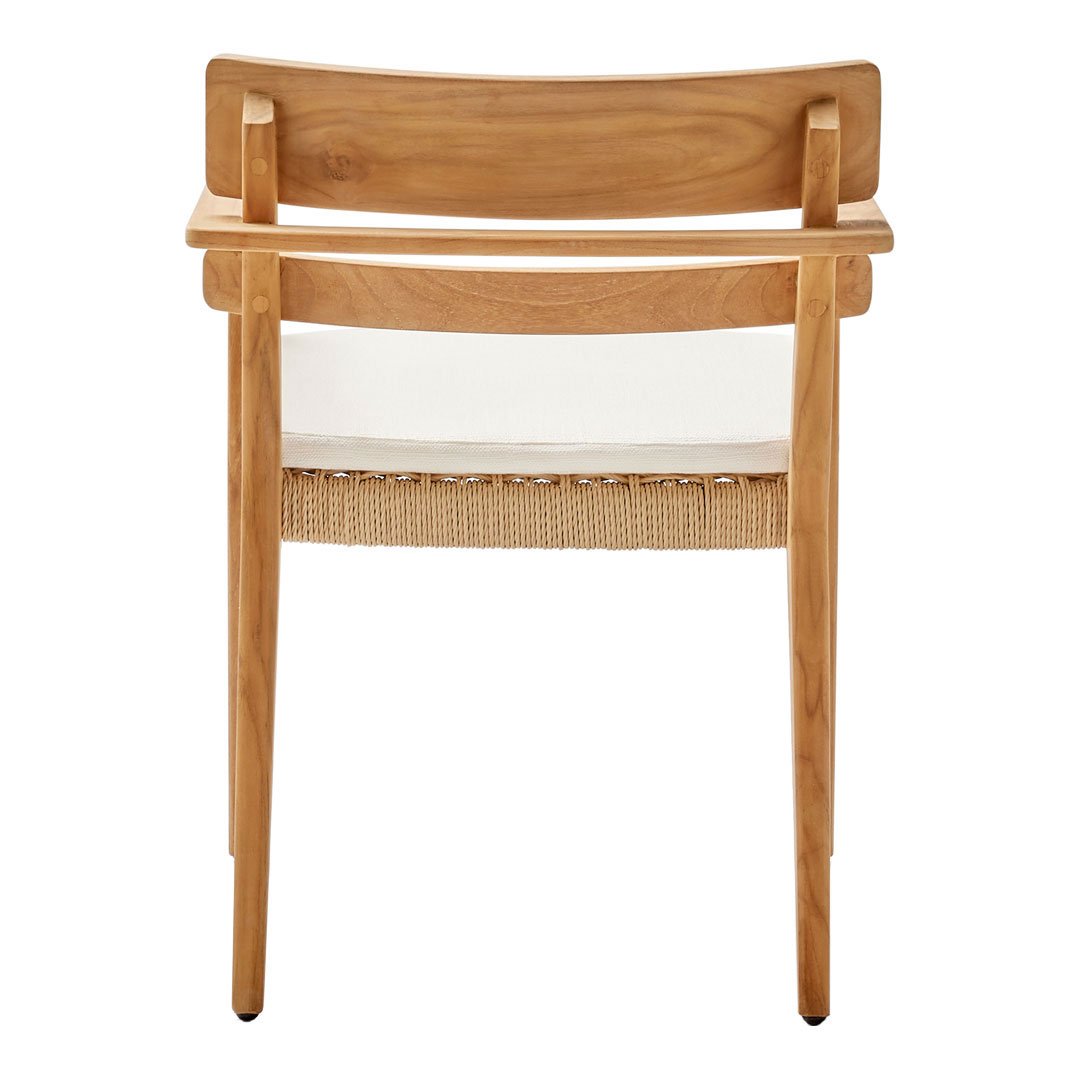 Natural wood dining chair with light beige woven seat, showcasing a minimalist design and smooth finish.