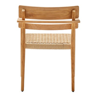 Natural wood finish with a woven light beige seat, featuring a minimalist design and clean lines.