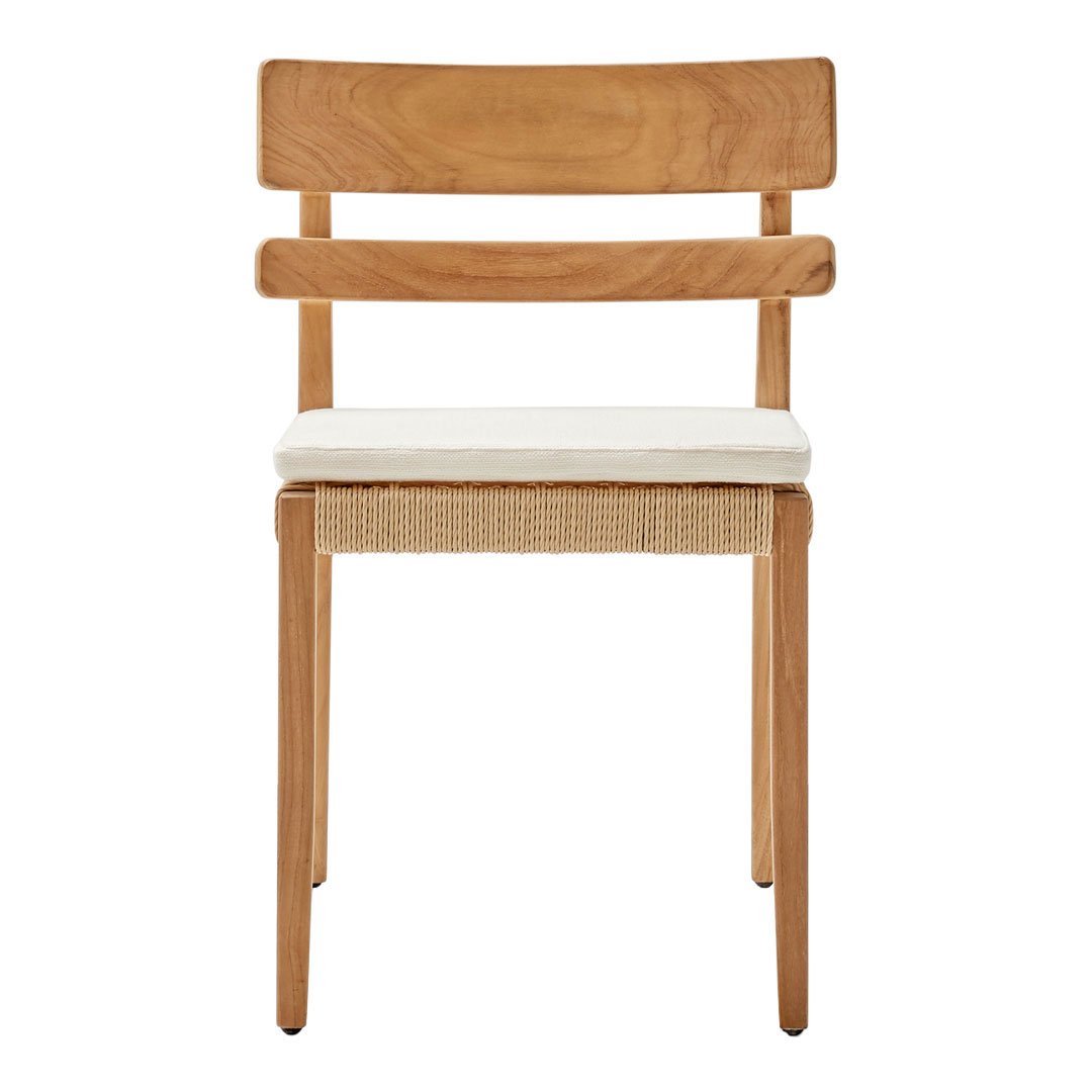 Natural wood chair with a light beige cushioned seat and woven back detail. Elegant and minimalistic design.