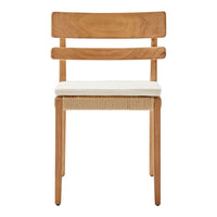 Natural wood chair with a light beige cushioned seat and woven back detail. Elegant and minimalistic design.