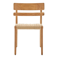 Natural wood chair with light brown finish and woven beige seat. Simple, minimalist design.
