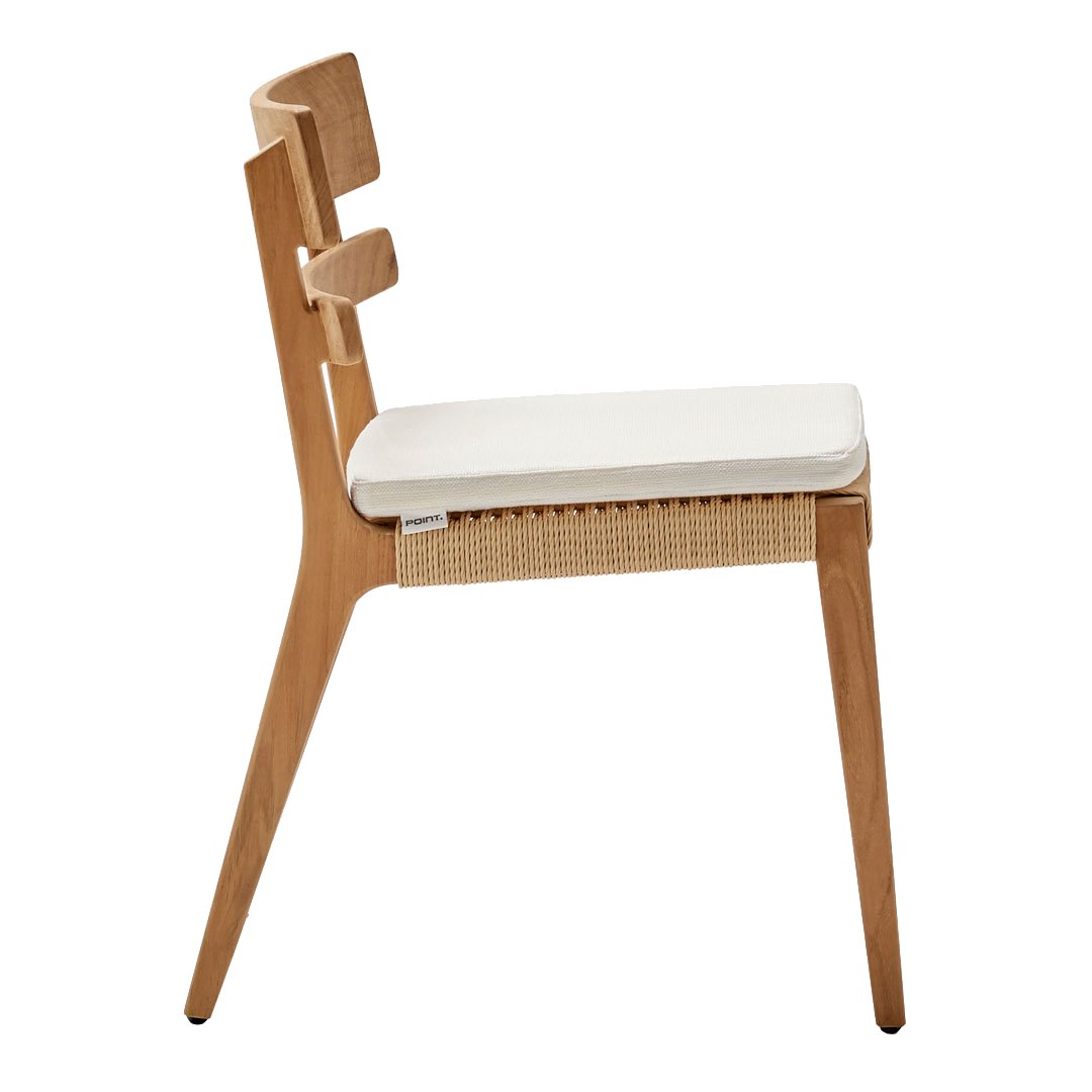 Natural wood chair with a light beige cushion and woven cane accents, featuring a minimalist design.