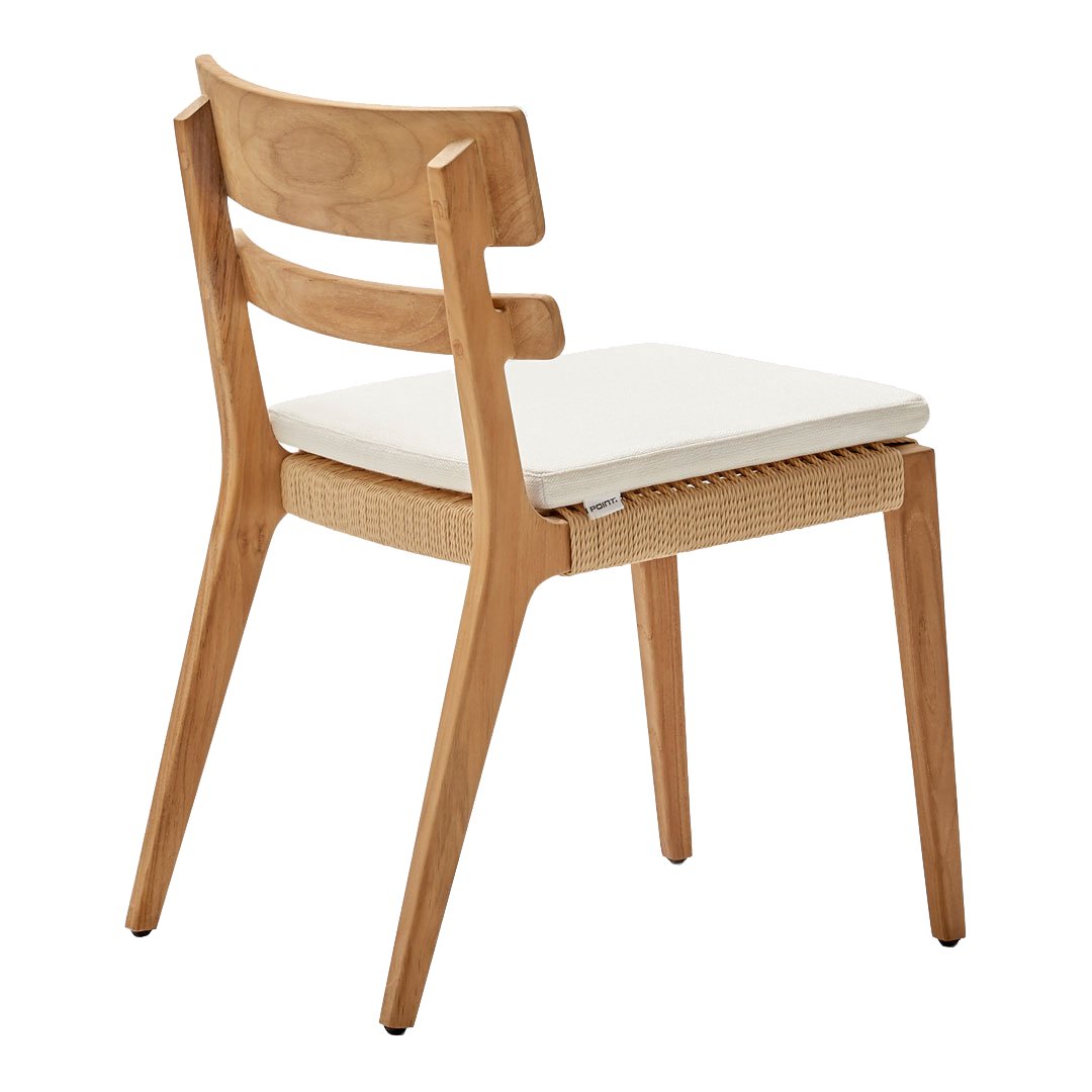 "Natural wood chair with a light beige cushion and woven detail on the seat."