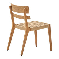 Natural wood chair with a light oak finish and woven rattan seat, featuring a minimalist design.