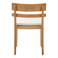 Natural wood chair with a light beige cushion and woven back, showcasing a minimalist design and earthy tones.