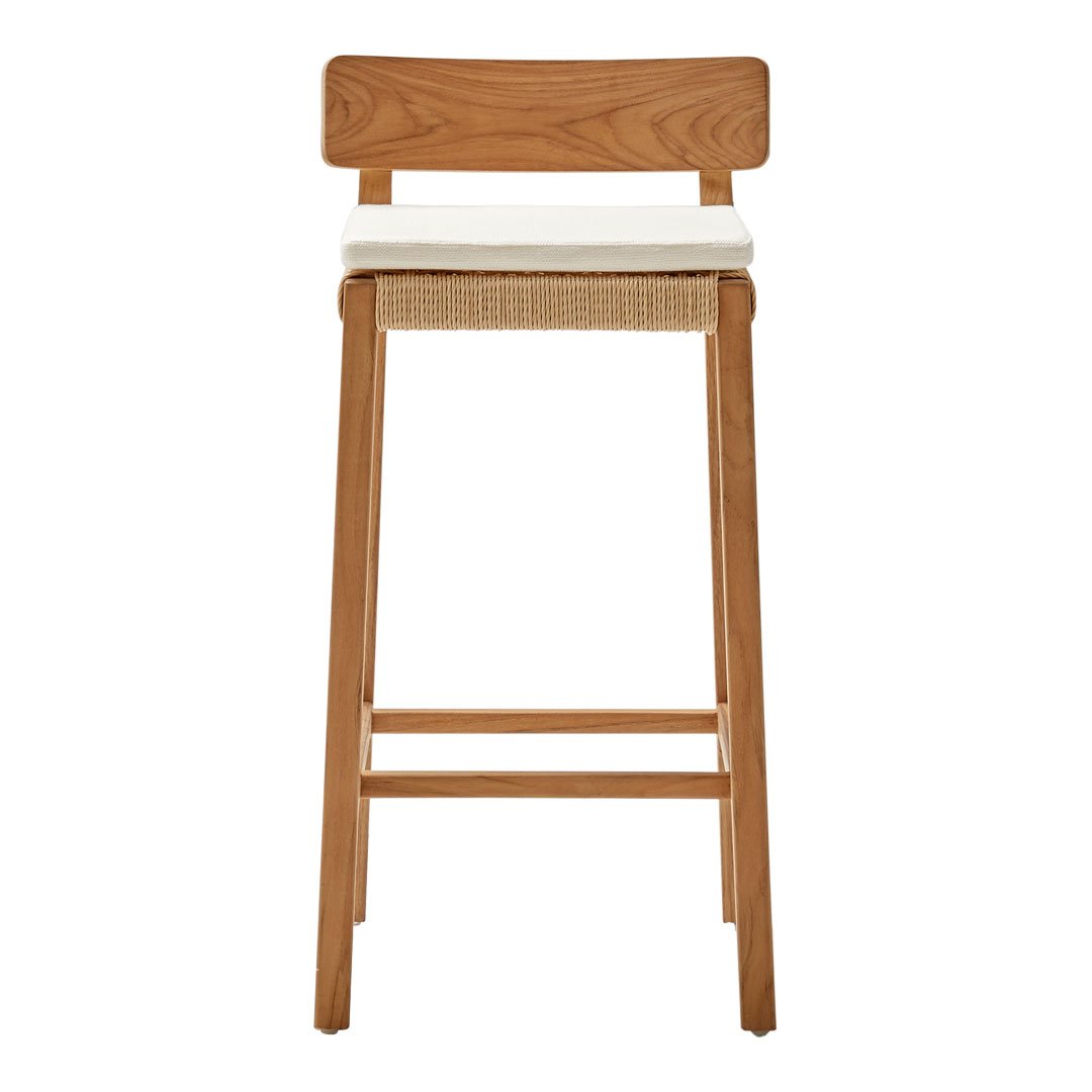 Natural wood barstool with a cream cushion and rattan accent, featuring a minimalist design and sleek lines.